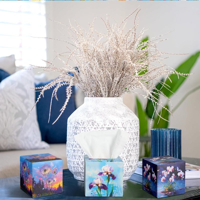 Fourluoo 12 Pack Christmas Purple Flowers Facial Tissues Cube Face Boxes 600 Sheets 3 Ply Small Lavender Dandelion Wisteria Mandala Floral Square Tissues Bulk for Xmas Spring Car Bedroom Supplies - Image 4